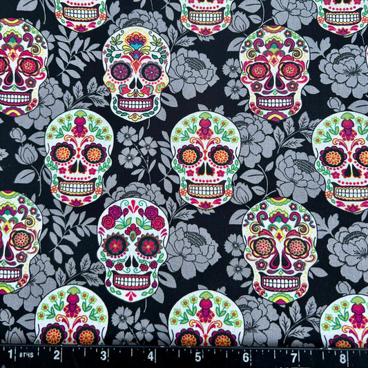 100% Cotton Fabric by The Yard for Quilt, Craft, DIY Projects... - 42" Wide (Flower Skull Halloween on Black)
