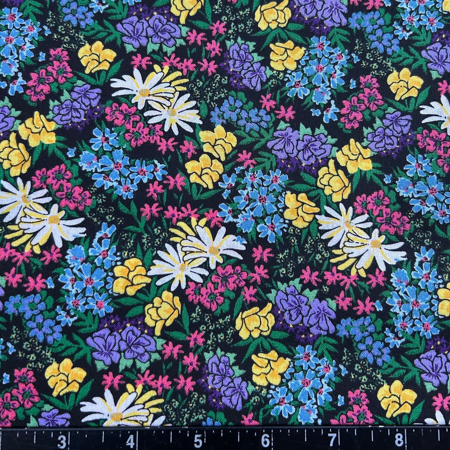 100% Cotton Fabric by The Yard for Quilt, Craft, DIY Projects... - 42" Wide (Green Blue Pink Wildflowers on Black)