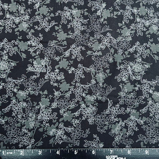 100% Cotton Fabric by The Yard for Quilt, Craft, DIY Projects... - 42" Wide (Grey Flower on Black)