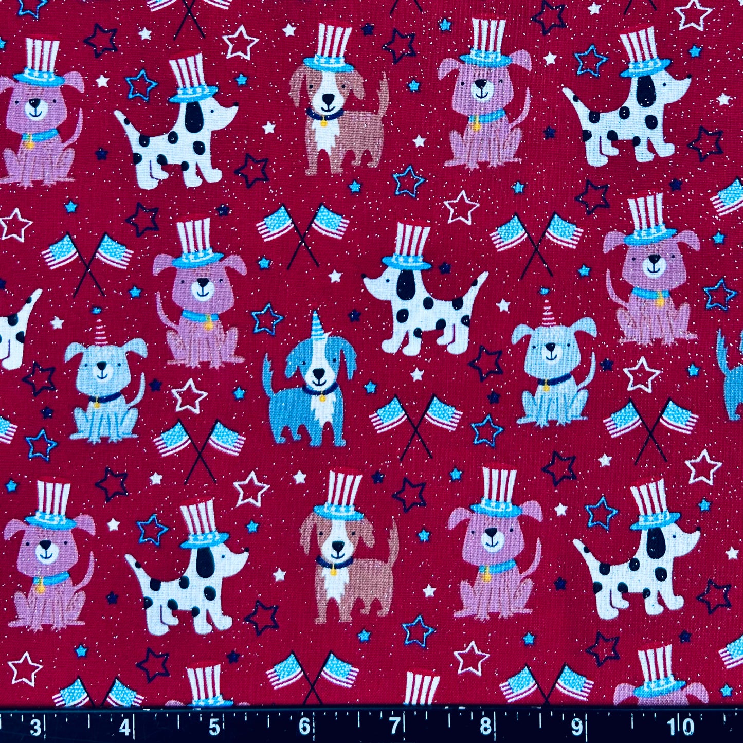 100% Cotton Fabric by The Yard for Quilt, Craft, DIY Projects... - 42" Wide (Patriotic Red Dogs with Glitter)