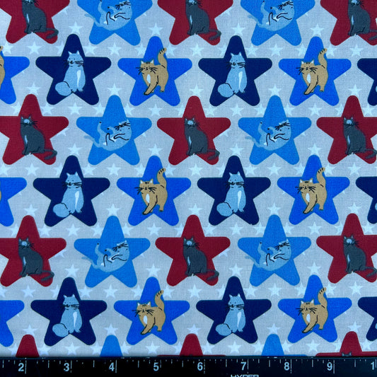 100% Cotton Fabric by The Yard for Quilt, Craft, DIY Projects... - 42" Wide (Patriotic REd White Blue Stars and Cats)