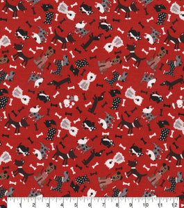 Dog Puppy on Red - 100% Cotton Fabric by The Yard - 43" Wide